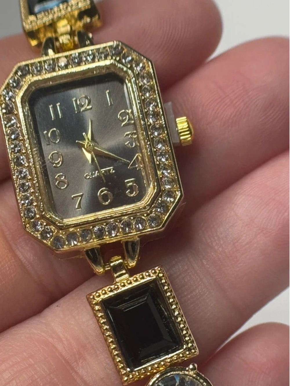 7.5 inch watch bracelet, black and clear cz, gold tone